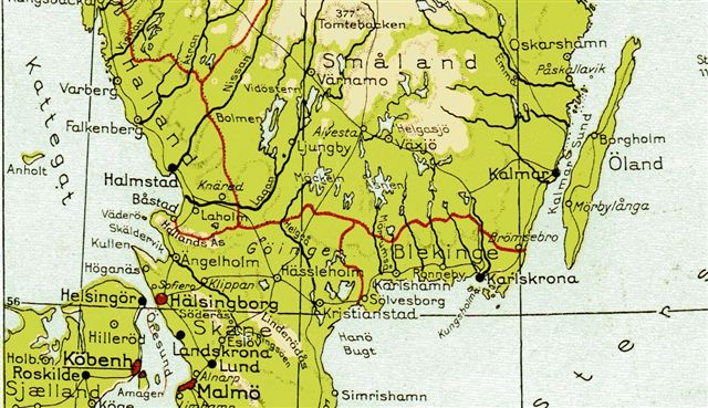 Romeleåsen ligger mellem Lund og Ystad. Ringsjöerne lig eoven over. Glasriget Mellem Växjo og Kalmar. Liné holdt til vest for Växjö