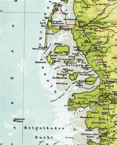 Kortet over Vestslesvig viser de nævnte lokaliteter med Helgoland i Sydøst, Pellworm i midten og Südfall, Süderoog og Norderoog Syd og vest for.