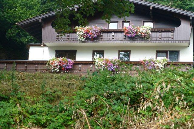 Alpehus med blomster i overflod i Zillertal sikkert set fra toget. Bemærk, at tyrolerbegonier er fortrængt af mangefarvede petunia. Zillertal er en sidedal til Inndalen øst for Innsbruck og ikke (her) et værtshus i Hamburg.