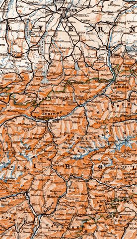 Kort fra før 1914 over over området mellem München, Innsbruck og Bozen. Vi benyttede Kufstein som grænsestation mellem Tyskland og Østrig. 