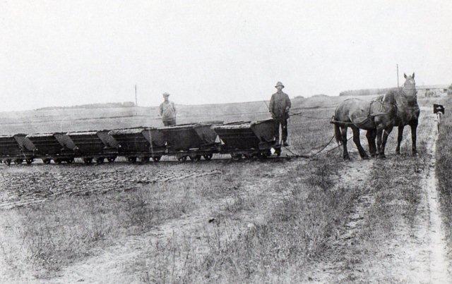 Chr. Ernsts Speghøjværk 1918. Der køres tørvedynd ud i tipvogne trukket af heste. Bagefter formes massen til tørv, tørres, stakkes og sælges.