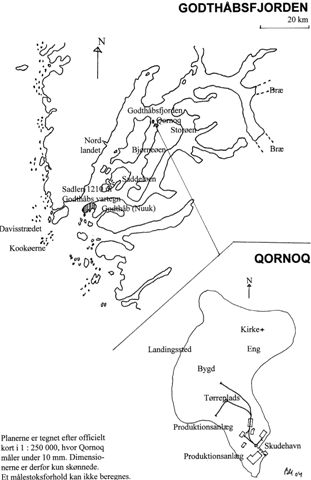 Skitse af Qornoqs beliggenhed samt banens forløb.