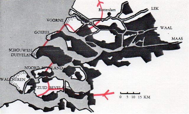 Med sort er markeret de områder syd for Rotterdam ned mod den belgiske grænse, der oversvømmedes ved stormfloden 1953. <med rødt er markeret vor rute. Oosterscheldeprojektet omfatter de to røde indtegninger langs Nordsøen, men også til Walcheren er der bygget ny dæmning med sluse. Tegning fra ukendt kilde. 