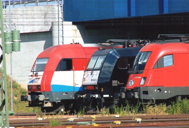 ITL CSKD INTRANS 1116 238-5, MRCE 185 553-5 og EVB 420.13 holdt til parade 2009. Tre lokomotiver, tre ejere, tre nummersystemer og tre typer. Den sidste er en diesel.