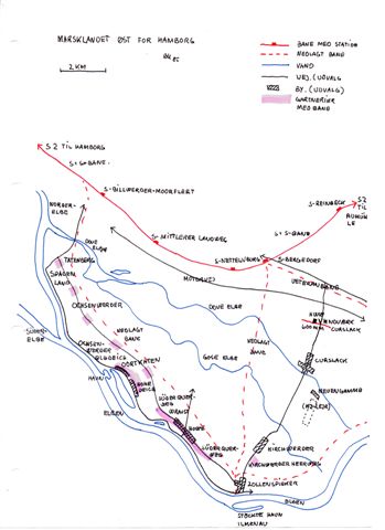 Kortet viser områderne øst for Hamborg og Syd for Bergedorf med veteranbanen, Curslack-vandværket, den nedlagte jernbane i området og gartnerierne med bane. Skitse Bent Hansen 1985.