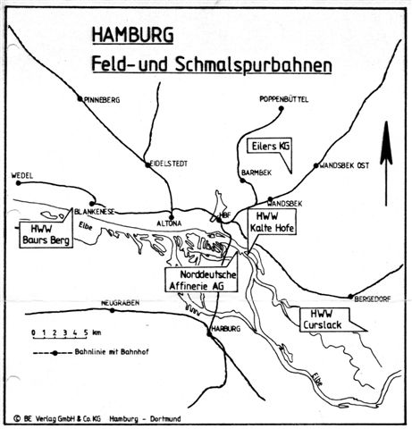 Kort der viser beliggenheden af Hamborgs Vandværkers tre anlæg samt Ehlers lokomotivhandel og Norddeutsche Affinerie AG. Kortet er lånt fra Bahn-Express, Verlag GmbH & Co. KG. Det er fra omkring 1985.