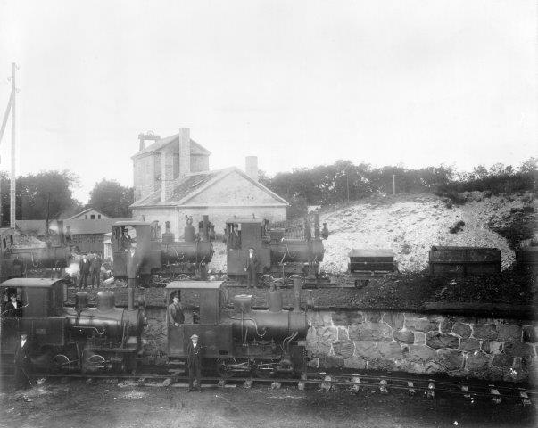 Fem af værkets 13 damplokomotiver i 762 mm opstillet ved remisen tidligt i 1930'erne. Fotoet er gengivet med tilladelse af Höganäs Museum.