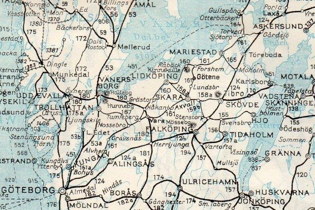 VGS er den tynde streg, 161 mellem Göteborg, Skara og Vara via Lidköping til Gullspång og Gårdsjö. Sveriges Kommunikationer 1952. 